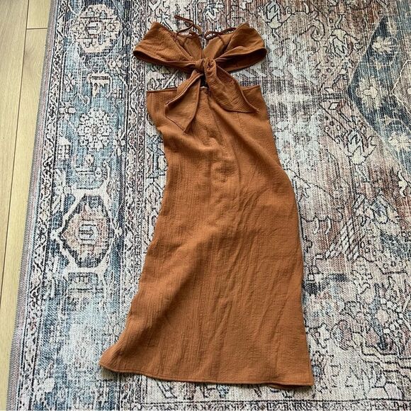 ZARA Terracotta Brown Ruched Midi Cut Out Tie Back Dress Size M NWT Rust - Picture 12 of 12